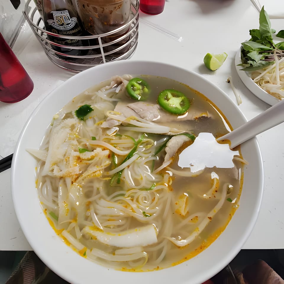 A bowl of Pho W’ Me pho with sliced jalapeños, tripe, and a side of fresh herbs.
